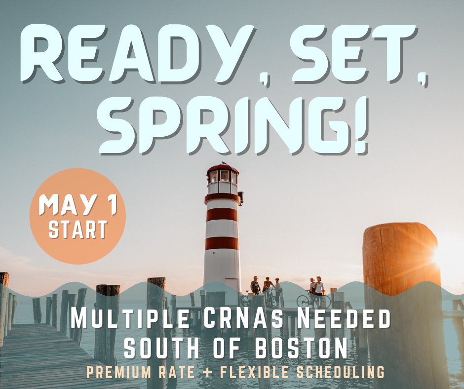 HeatherSpinetti's tweet photo. #Massachusetts medical group seeks #CRNAs to cover 3 locations beginning May 1. B&amp;B/Uro/Neuro/Ortho/Vascular/Thoracic/light Cardiac + OB. 8/10/12 possibly 16s; some call. Licensing assistance + quick credentialing. https://t.co/nPyCJxlHLP #crnajobs #dreamjobnationwide https://t.co/LA7pVMcCm7