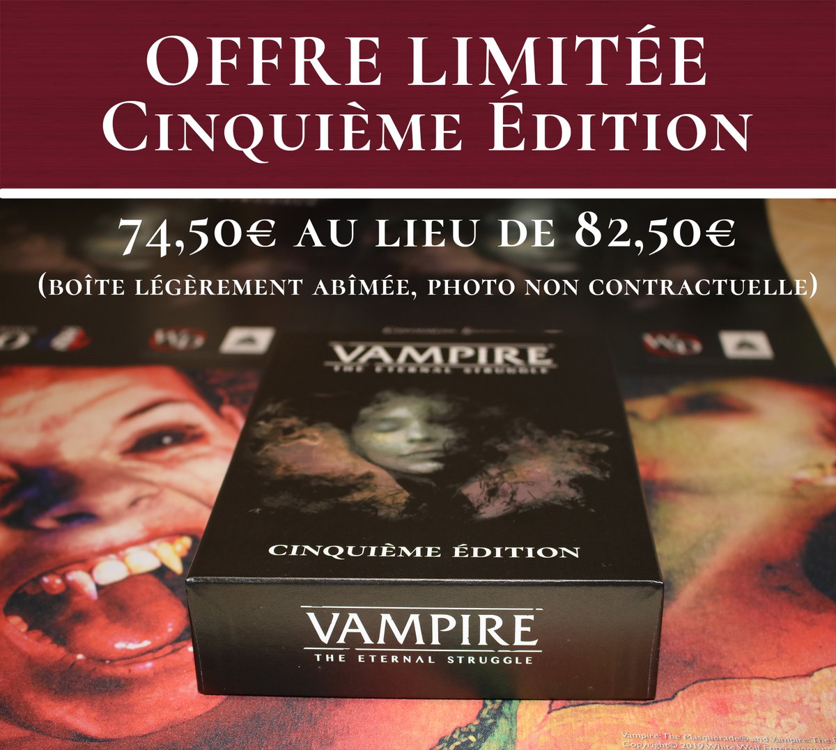 La Cinquième Édition de #VTES est introuvable ? (réassort en mai) Il ne nous reste plus que 7 boîtes qui sont légèrement abîmées. 
Foncez ! Il n'y en aura pas pour tout le monde : eventsforgames.com/produit/5eme-e…