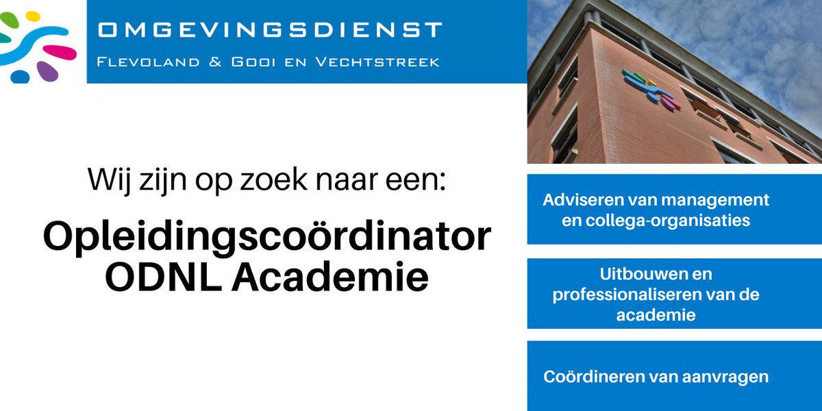 _OFGV's tweet photo. De OFGV zoekt een opleidingscoördinator voor de @ODNL_Academie! Uitdagende functie binnen een professionele en dynamische organisatie. Meer info: https://t.co/umyfdLrQlt #vacature #omgevingsdienst #odnlacademie https://t.co/tDe1sAnOnB