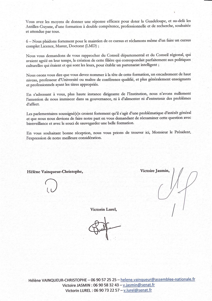 Informés du Conseil d’administration de l’Université, ce lundi 22 février 2021, mes collègues <a href="/SenatriceJasmin/">Victoire Jasmin</a>, <a href="/VictorinLurel/">Victorin LUREL</a> et moi-même adressons au Président de l’#UA ce plaidoyer pour le maintien du cursus Arts du spectacle et Patrimoines culturels immatériels en Guadeloupe.