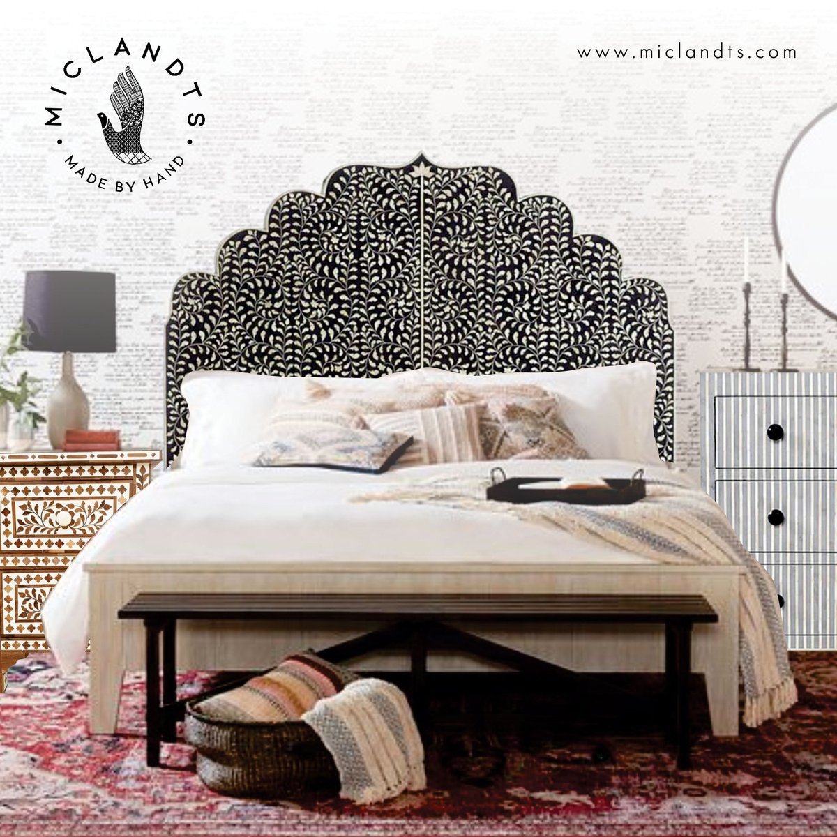 This is a king size bed Bedhead made of bone inlay &amp; in floral design and you can set the color according to your own. and we are also showing you a night stand &amp; dresser it all makes your room look more beautiful will give.
For ordering, please DM us &amp; orders@miclandts.com
