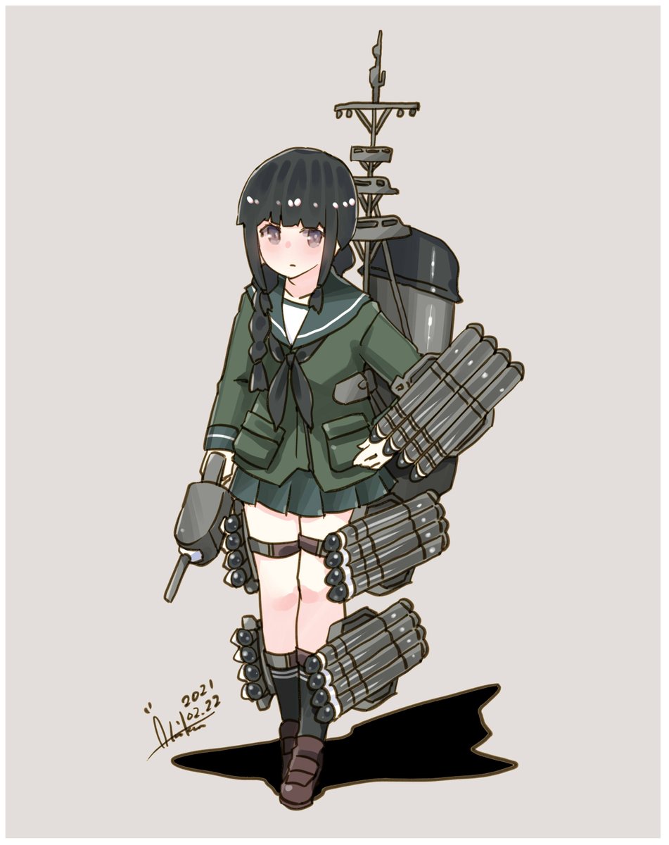 kitakami (kancolle) 1girl black hair solo braid skirt school uniform serafuku  illustration images