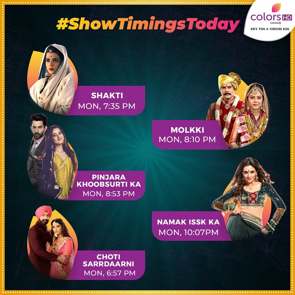 ColorsTVUK's tweet photo. Watch your favourite shows at the given timings only for today!

#ColorstvUk @NimritAhluwalia #jigyasa @riyasharma #saahiluppal #shrutiisharmaa #TimeChangeAlert @thenameisav https://t.co/vEpvFgPUSu