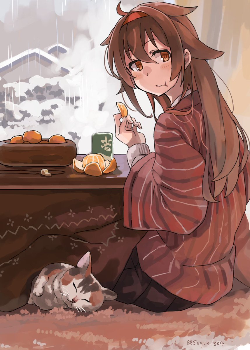 shiratsuyu (kancolle) 1girl food kotatsu brown hair fruit long hair cat  illustration images