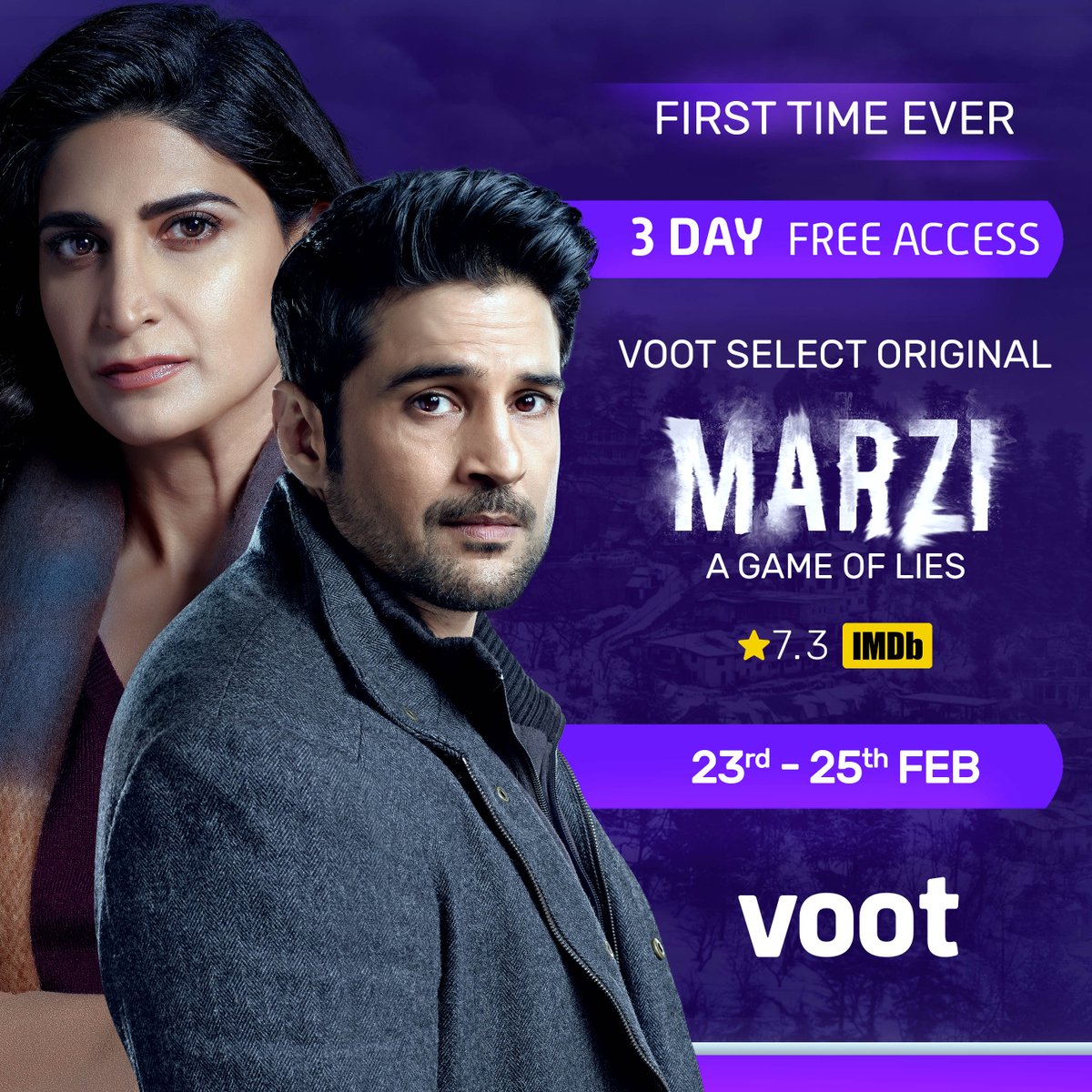 justvoot's tweet photo. Are you ready for a Binge Fest like no other? 🥳
We bring to you a 3 day special access to #VootSelect's original, #Marzi, only on #Voot. Grab some popcorn and tune in from the 23rd of February to the 25th of February.
#Marzi #MarziOnVoot #AahanaKumra #RajeevKhandelwal @justvoot https://t.co/CvEHuzyauc