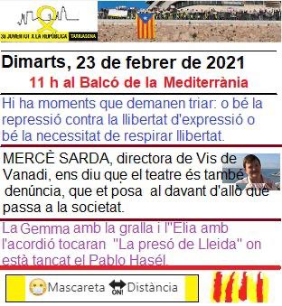 3a Joventut x la República (@3ajoventut) on Twitter photo Nosaltres, com cada dimarts #Seguim #AmnistiaAra #LlibertatPresosPoliticsiexiliats #llibertatdexpressio #prourepressió <a href="/TacaDOliAvis/">Taca d'Oli</a> <a href="/ANCTarragona/">Assemblea Tarragona</a> <a href="/OmniumTarragone/">Òmnium Tarragonès</a> <a href="/TarragonaCdr/">CDR Tarragona</a> <a href="/juristestgn/">Juristes per la República</a> @csc_camp <a href="/SanitarisxrepT/">SanitarisxRep Tarragona-Terres de l'Ebre</a> Nosaltres, com cada dimarts #Seguim #AmnistiaAra #LlibertatPresosPoliticsiexiliats #llibertatdexpressio #prourepressió <a href="/TacaDOliAvis/">Taca d'Oli</a> <a href="/ANCTarragona/">Assemblea Tarragona</a> <a href="/OmniumTarragone/">Òmnium Tarragonès</a> <a href="/TarragonaCdr/">CDR Tarragona</a> <a href="/juristestgn/">Juristes per la República</a> @csc_camp <a href="/SanitarisxrepT/">SanitarisxRep Tarragona-Terres de l'Ebre</a>