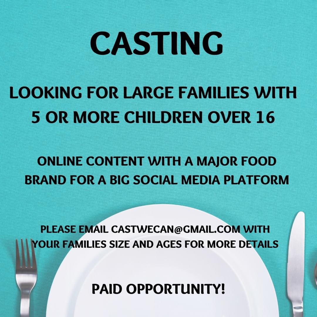 CASTING: I’m looking for BIG families with 5+ children over 16 for some online content with a major food brand. Email castwecan@gmail.com for more details. This opportunity is PAID ✨