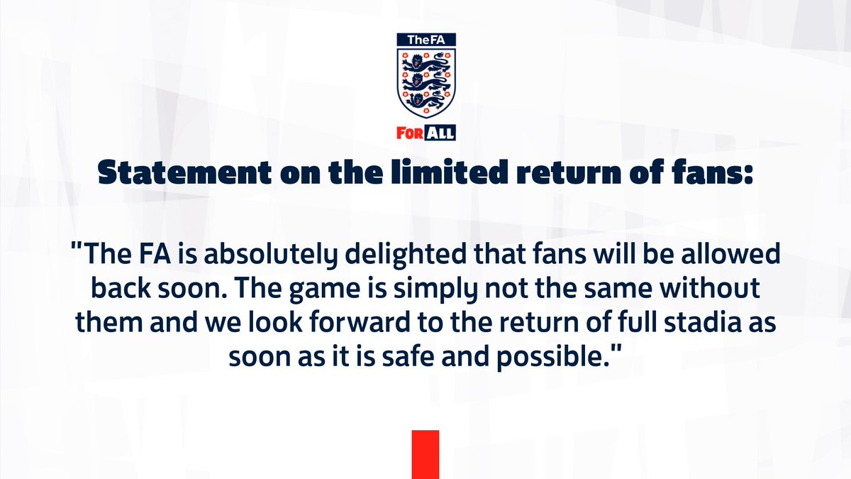 FAspokesperson's tweet photo. Statement from The @FA on the limited return of fans. https://t.co/O5EqQt3ju2