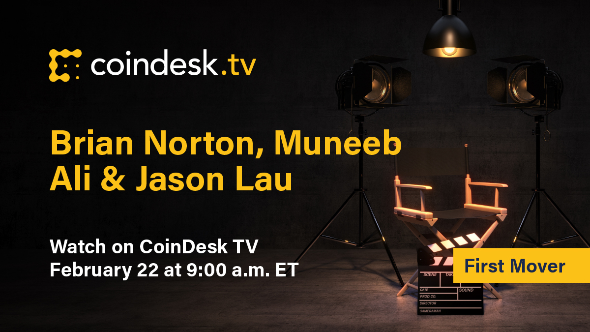 CoinDesk's tweet photo. Coming up on First Mover, @myetherwallet COO @RatherBeThePope, @Stacks founder @muneeb and @OKCoin COO @jasonklau join #CDTV live at 9 a.m. ET.

Watch here or on https://t.co/yHMYaDyzNy. https://t.co/Em1FKjlpSJ