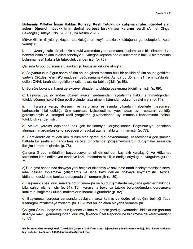 sumruaktas's tweet photo. BM İnsan Hakları Konseyi Keyfi tutukluluk Çalışma Grubu müebbet alan askeri öğrenci müvekkilimin derhal serbest bırakılması gerektiğine karar verdi. (Sakaoğlu/Türkiye, No:67/2020) Katkıları için @Leventism'e teşekkür ederim. Özet değerlendirme görseldedir. https://t.co/hWq2cZJhFy