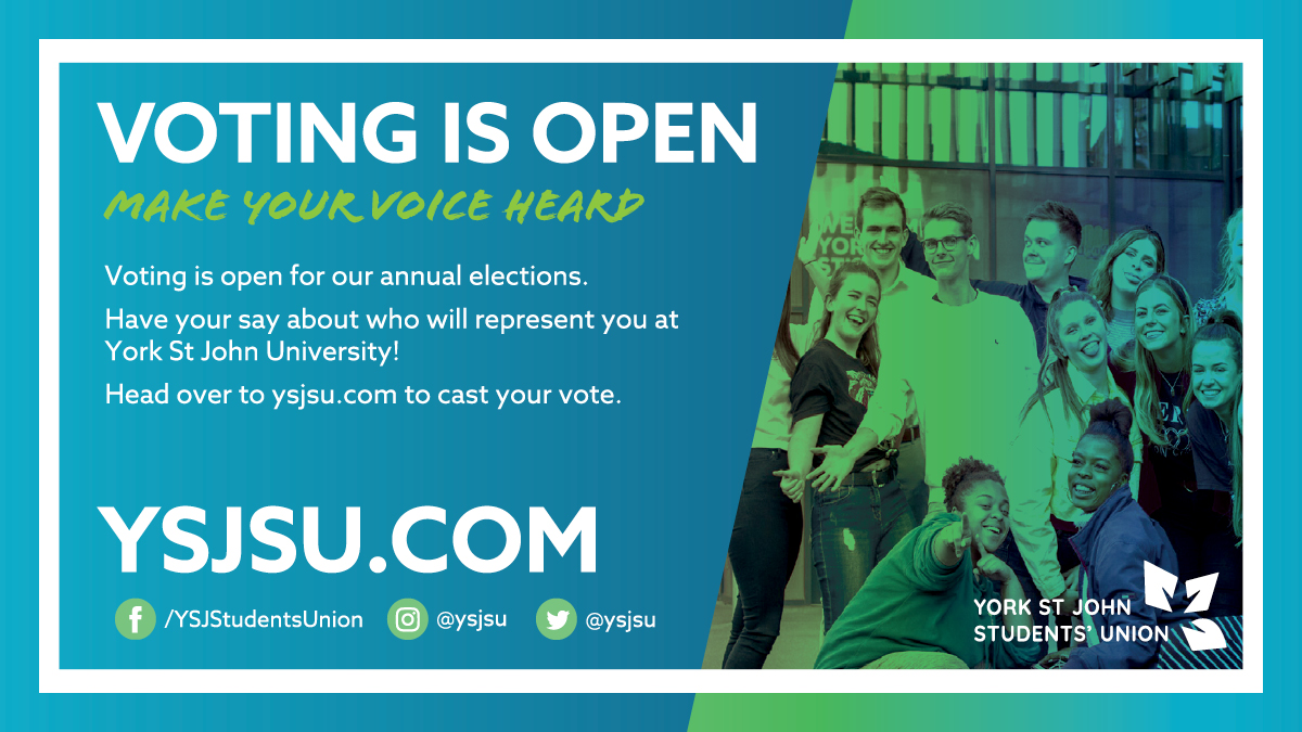 YorkStJohn's tweet photo. Voting is now open for our Students’ Union’s annual elections!  

Head over to the SU’s website, https://t.co/tMGlGDHTsF, and login using your full YSJ email and regular password (the one you use for Moodle) to cast your vote.

Voting closes at 12pm on Friday 26 February! https://t.co/Fmurssh4GR