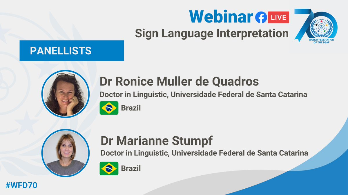 WFDeaf_org's tweet image. We now move on to our third presentation with two Doctors in linguistic from @UFSC Brazil. Both work as sign language linguists coordinating several research groups. They will present on deaf and hearing working hand in hand to mobilise change.
#WFD70 #SignLanguageInterpretation