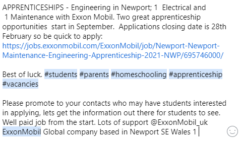 YvonneCNewport's tweet photo. Please promote these two fantastic apprenticeship vacancies to Parents and students in year 11 in Newport- well known Global employer, lots of training support. @ExxonMobil_UK @Michell42892510 #education #apprenticeships #Newport #Students #studentroom #parents #homeschooling2021 https://t.co/6DE536NxHA