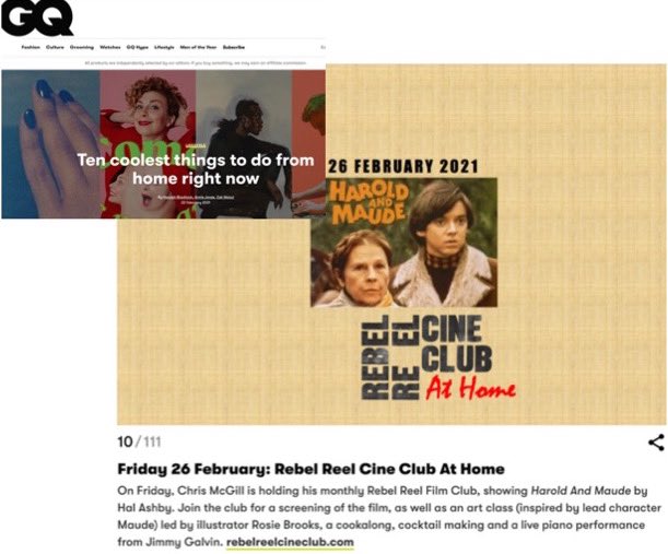 @BritishGQ Top Ten Coolest Things to do from home right now. rebelreelcineclub.com #stufftodoathome #cineclub #mealkits #filmstowatch #livemusic #orderathome @jimmygalvin3 @rosiebrookspics @_smokeandbones_
