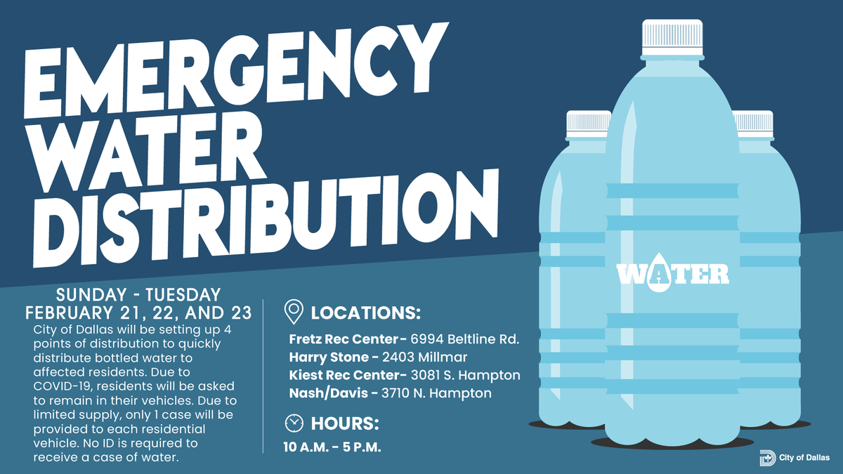 DallasEMCR's tweet photo. The @CityOfDallas is distributing water at 4 locations today at 4 locations. Please stay in your car. Due to limited supply, there will be only 1 case per vehicle.  No ID required.

Some locations may have a delayed opening due to deliveries. https://t.co/lZFY9zwruu