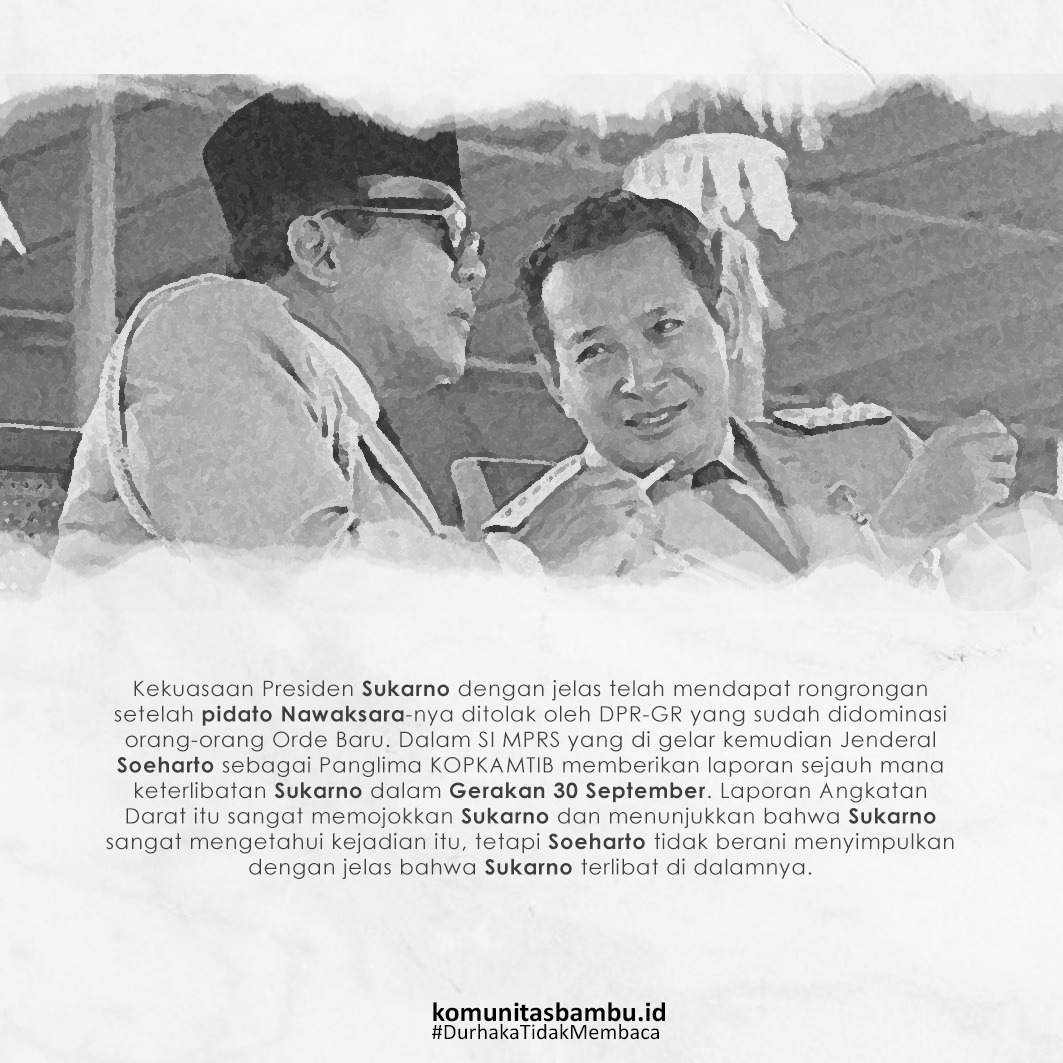 KomunitasBambu's tweet photo. 22 Februari 1967, 54 tahun lalu, penyerahan kekuasaan eksekutif atas Negara Republik Indonesia dari Presiden Sukarno kepada Soeharto diumumkan.

Pengumuman di hari itu menjelaskan secara kronologis bagaimana hari-hari terakhir Sukarno berada di pucuk kekuasaan. https://t.co/bhu8HajmHh