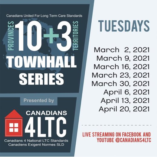 Mark your calendars - times will be made available before each townhall!  Join us! Retweet & spread the word! #ittakesallofus #10plus3 #Canadians4LTCstandards