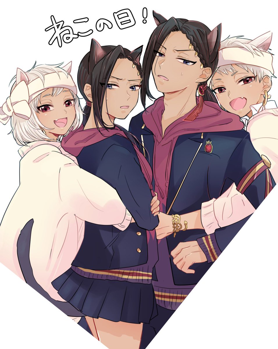 animal ears multiple boys white hair fang cat ears dark skin jacket  illustration images