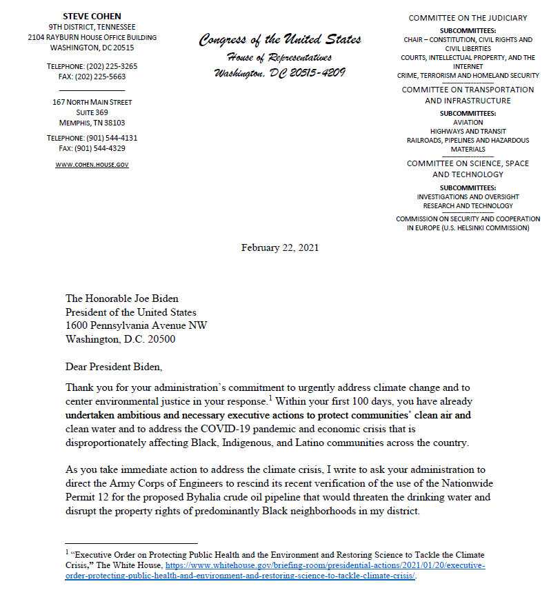 RepCohen's tweet image. I’m urging President Biden to rescind fast-track approval for the #ByhaliaPipeline.

The pipeline will cut through mostly Black neighborhoods in south #Memphis and could pose a serious threat to Memphians’ drinking water &amp;amp; property rights. It’s a matter of #EnvironmentalJustice.