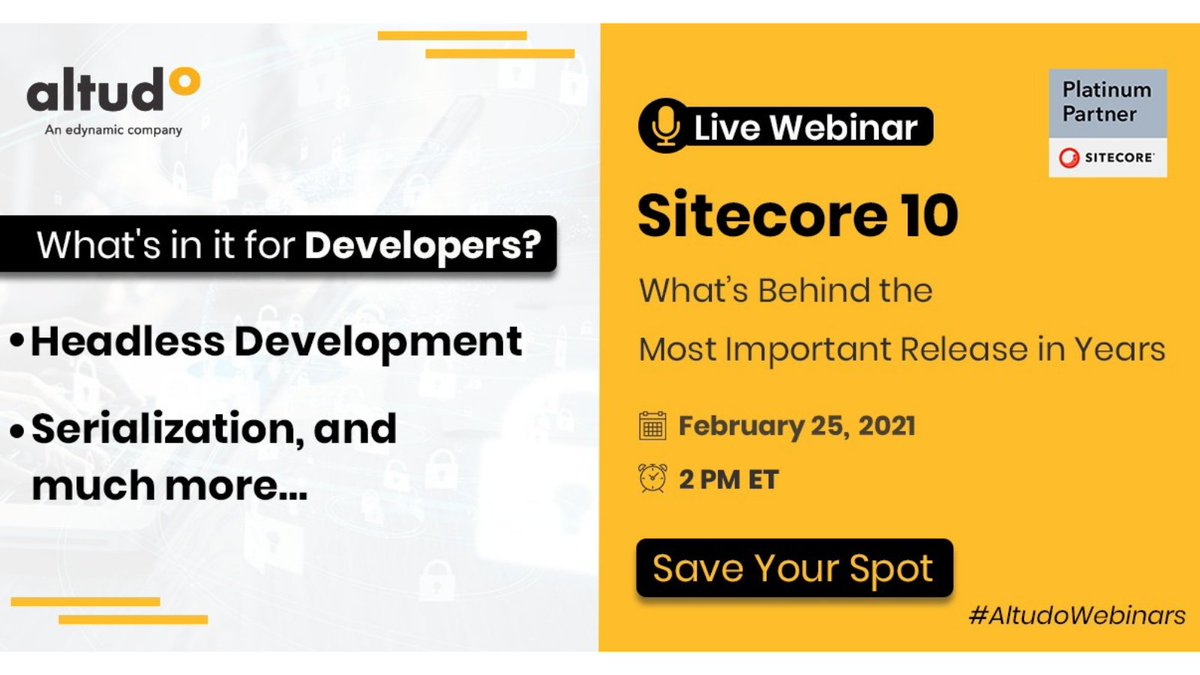 GoAltudo's tweet image. Learn more in our upcoming #webinar, where our Sitecore experts will talk at length on what all this upgrade has in store for the developers.
Register now: bit.ly/2Z0BTGy
#SitecoreUpgrade #Developers #CMS #SXA #opensource #AltudoWebinars
