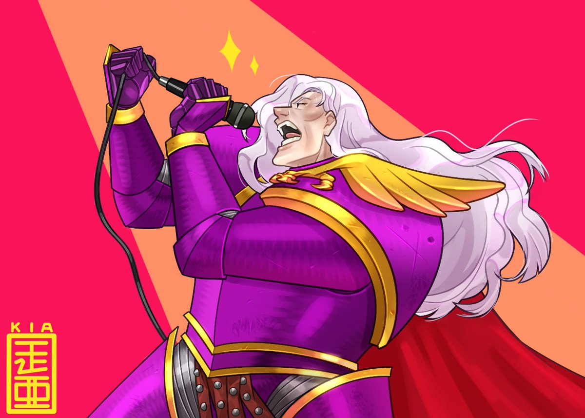 Cartoon image of Fulgrim in purple armour, singing into a microphone