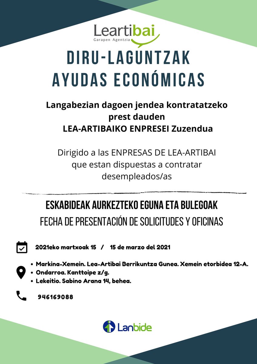 Leartibai's tweet photo. 📣DIRU-LAGUNTZA LEA-ARTIBAIKO ENPRESENTZAKO📣

Langabezian dagoen jendea kontratatzeko prest dauden LEA-ARTIBAIKO ENPRESEI zuzenduta

📆Eskaerak aurkezteko da: 2021eko martxoaren 15a

ℹ️Informazio gehiago: https://t.co/2LGgJQmaQk https://t.co/c1Oc9d3hXh https://t.co/tB5zfMImOW