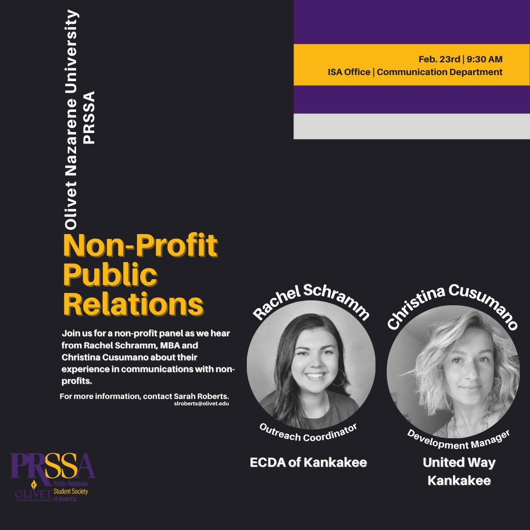 Interested in working with nonprofits? Join us for a panel as we hear from Rachel Schramm, MBA and Christina Cusumano about their experience in communications with non-profits. We hope to see you there!
#OlivetPRSSA #PRSSA #NonProfitPR #LifeAtOlivet