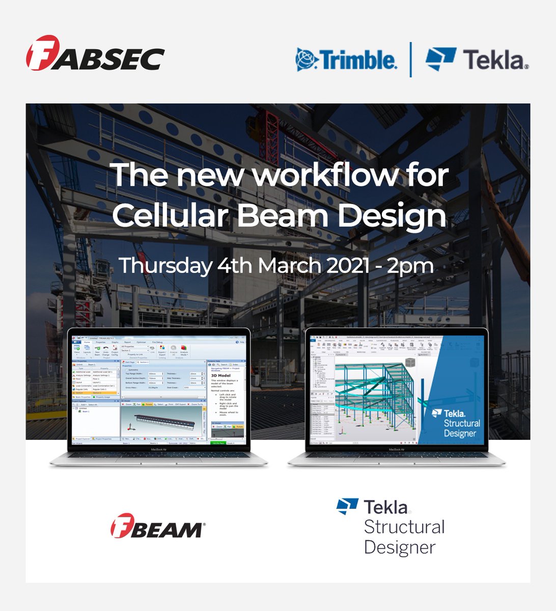 FabsecLtd's tweet photo. Join Fabsec for our Webinar on Thursday 4th March 2021 at 2pm where Trimble joins us to discuss the benefits of using an FBEAM and Tekla Structural Designer workflow for the design of Cellular Beams - to join register here: https://t.co/Egurs0z8zK
#Engineers #UK #Construction https://t.co/fP6Aelhw9H