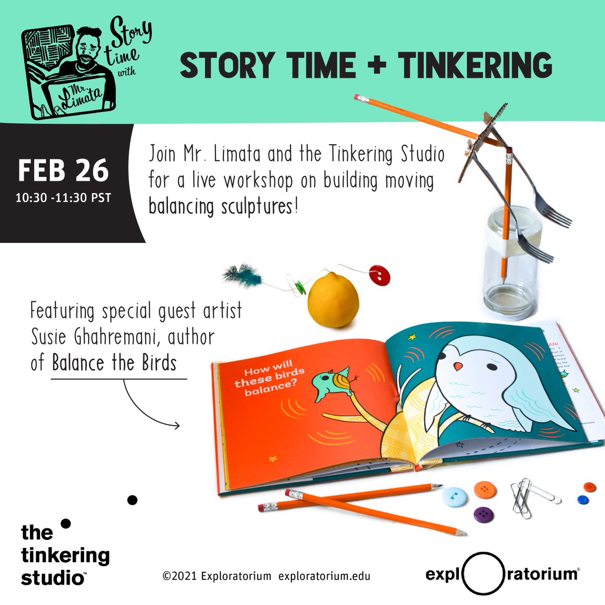 TinkeringStudio's tweet photo. ๐ข Calling all makers!
Weโre #ExploringBalance and #Literacy this week! Every day, Mr. Limata will read a book as inspiration for a tinkering activity.
On Friday, we'll join Story Time with special guest @boygirlparty to build balancing sculptures together.
Join us! https://t.co/HwL87Sh6d5