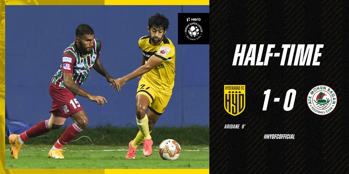 HALF-TIME! Aridane Santana's instinctive goal is the difference between the sides after Sana's Red Card in the 5th minute left Hyderabad down to 10-men. Crucial 45' coming up...

#HFCATKMB #LetsFootball #HarKadamNayaDum #HydKeHainHum #HyderabadFC 💛🖤