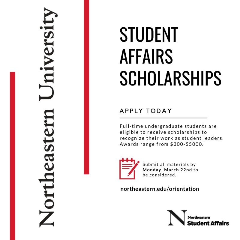 Attention student leaders! Apply now for our 2021 Student Affairs scholarships: northeastern.edu/orientation
