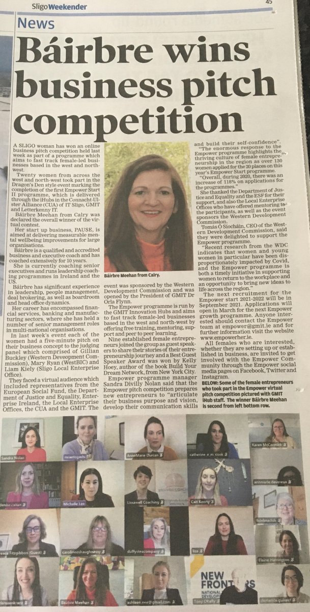 EmpowerHerIE's tweet photo. Great to see #empowerstart pitch competition winner Bairbre Meehan featured in @sligoweekender #femaleentrepreneur #WomeninBusiness
@EUinmyRegion @ESF_Ireland @GMITihubs @GMITOfficial https://t.co/4VcGiU39x2
