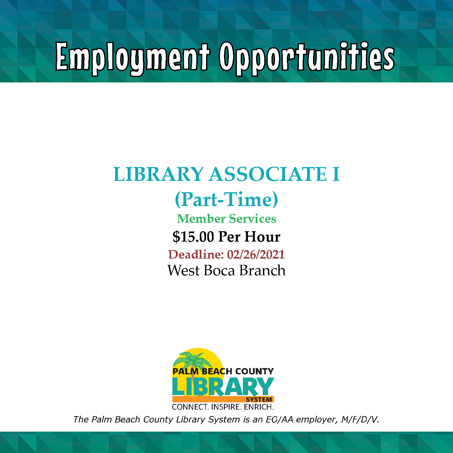 Palm Beach County Library System On Twitter Check Out Our Employment Opportunities Available This Week Https T Co Qqxpefgtby Pbclibraryjobs Pbcgov Pbclibrary Https T Co Agumzuvzf8 Twitter