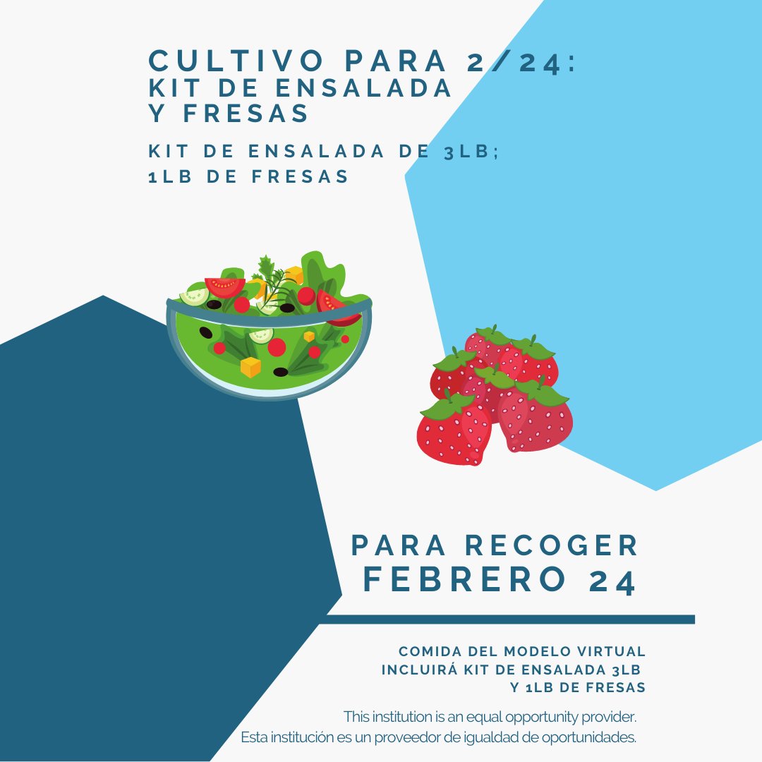 Virtual meal service on Wednesdays. 7 days of meals; 1 day to pickup. This week features a 3 lb. salad kit + 1lb. of strawberries. Join us at any of our locations at the times posted online. ow.ly/9RUu50DFQfR