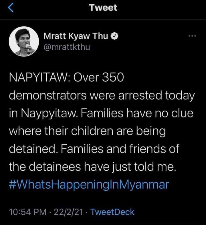 YinThetNyo7's tweet photo. JUNTA detained 350 peaceful protesters today from NayPyiDaw. Most of them are teenagers/students. They cannot be tortured inside prison. We need their immediate release. #WhatsHappeningInMyanmar #Feb22Coup
#SaveMyammar
#SavePyinmanar https://t.co/uDBD3jCnqe