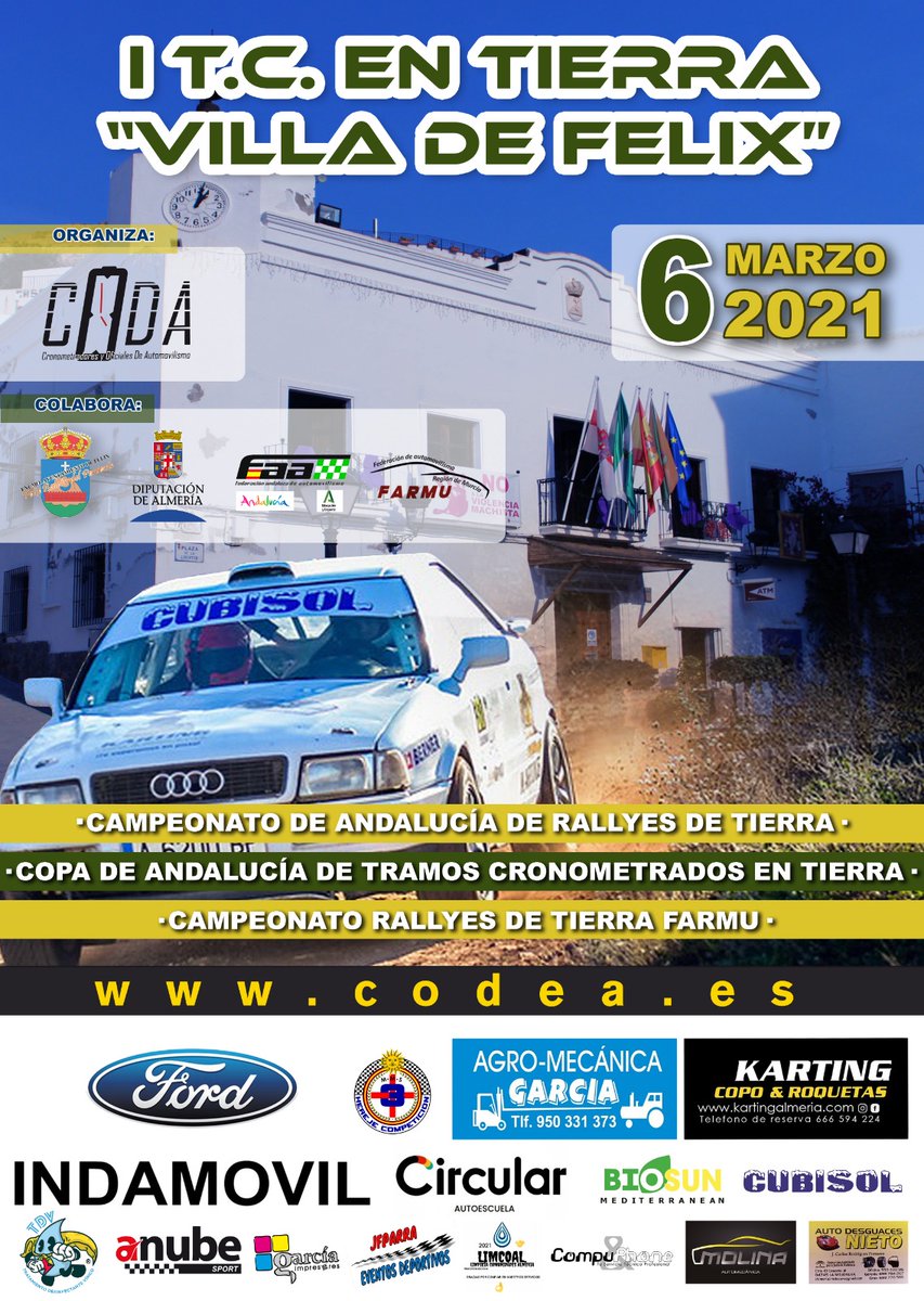 🚨🚨CARTEL DEFINITIVO I Tramo🚨🚨 Cronometrado en Tierra "Villa de Felix"
Aún estás a tiempo de inscribirte y disfrutar de un gran tramo Cronometrado y del municipio de Felix!!
Seguimos trabajando para que la prueba sea de 10!💯