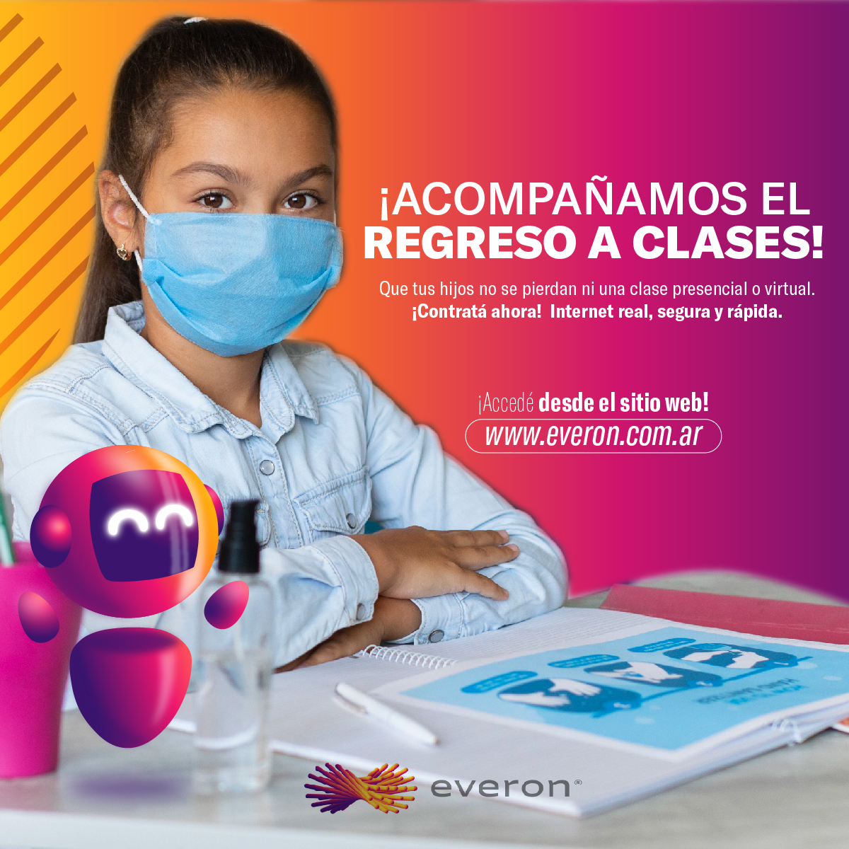 everonarg's tweet photo. Acompañamos el regreso a clases de tus hijos/as 👧🏻 🧒🏽 📚
Que no se pierdan ni una clase presencial ni virtual 🖥 ⌨ 📖
>> Contratá ahora! Llena el formulario en nuestro sitio web: https://t.co/6YUAA4Umim
#Everon es #InternetReal #ConectamosALosChaqueños #InternetDeCalidad https://t.co/xLrASYb5gZ