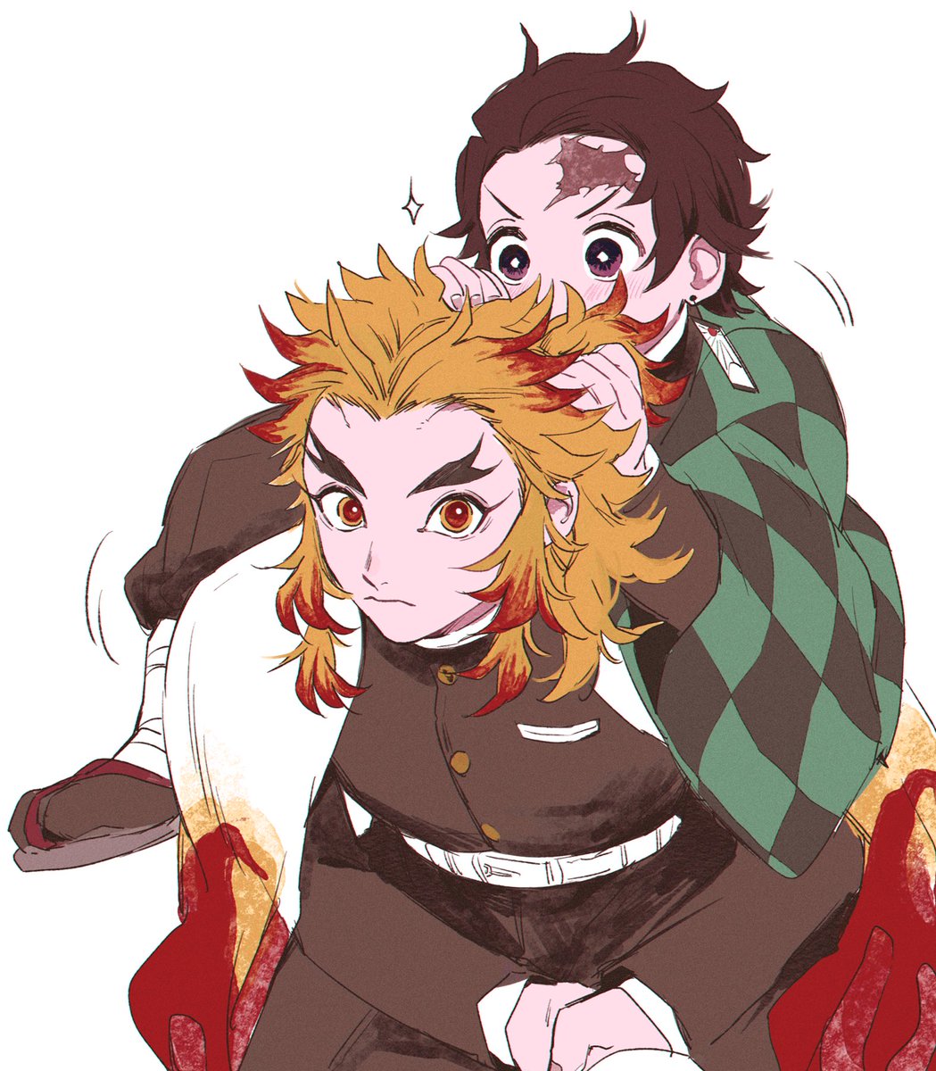 kamado tanjirou ,rengoku kyoujurou forked eyebrows demon slayer uniform multiple boys red hair blonde hair cape long sleeves  illustration images