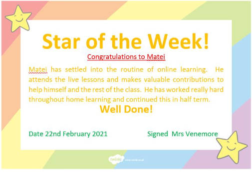 MrsVenemore's tweet photo. Well done Matei! Star of the week for 2JV!!  Who will it be next week? ⭐️🌟⭐️ https://t.co/ibhCDEpacY