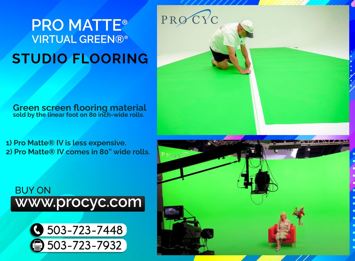 procyc's tweet image. Check out our latest generation of Pro Matte®, Pro Matte® IV with 80” wide rolls and less expensive. Order now from our website: bit.ly/2NK9UZc
#promatte #greenscreen #greenscreenflooring #chromakey #modulargreenscreen #virtualstudio #videoproduction #filmproduction