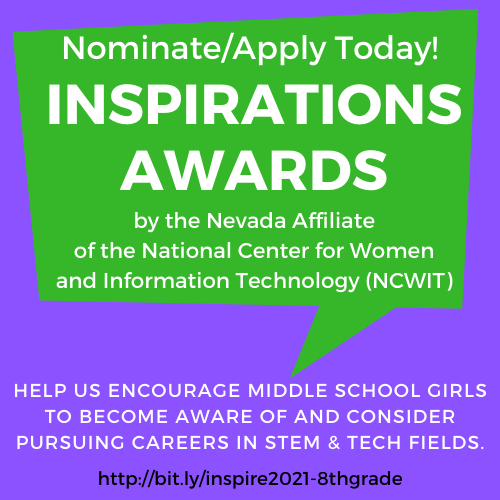 NCWIT_Nevada's tweet photo. Do you know an 8th Grade Female student in Nevada that is interested in #STEM or #Technology?

Then... PLEASE ENCOURAGE them to apply for the 2021 Inspirations Award by March 1st.

Link:  https://t.co/cVOLWbmuGO https://t.co/LuB0LQATV5