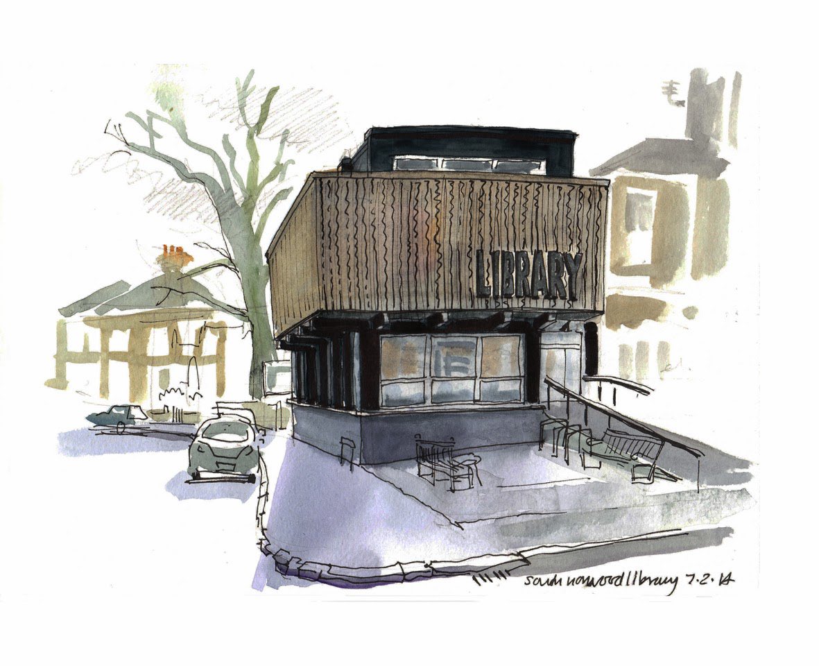 South Norwood Library, sketched here in 2014, is threatened with closure. Friends of South Norwood Library <a href="/friends_norwood/">Friends of South Norwood Library</a> are mounting a campaign to keep it open. Please give them a follow to find out more!
