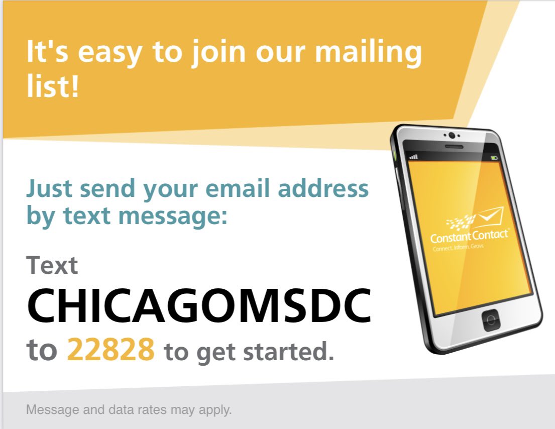 ChicagoMSDC's tweet image. We want to stay connected with you! Join our mailing list today! 

Just text CHICAGOMSDC to 22828. 

#cmsdc #buydiverse #mailinglist #stayinformed