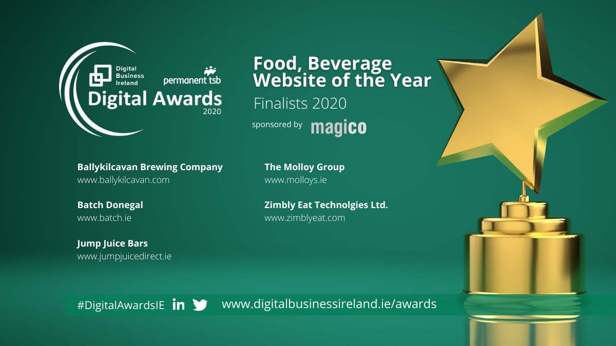 We're getting hungry for #DigitalAwardsIE action!

Best wishes to all finalists in <a href="/DigitalIre/">Digital Business Ireland (DBI)</a> @permanenttsb #DigitalAwardsIE Food, Beverage Website of the Year category kindly sponsored by @magicoecommerce 

<a href="/Ballykilcavan/">Ballykilcavan</a>  <a href="/batchdonegal/">batchdonegal</a> <a href="/jumpjuicebars/">Jump Juice</a> <a href="/MolloysLiquor/">Molloys Liquor Store</a> @zimblyeat