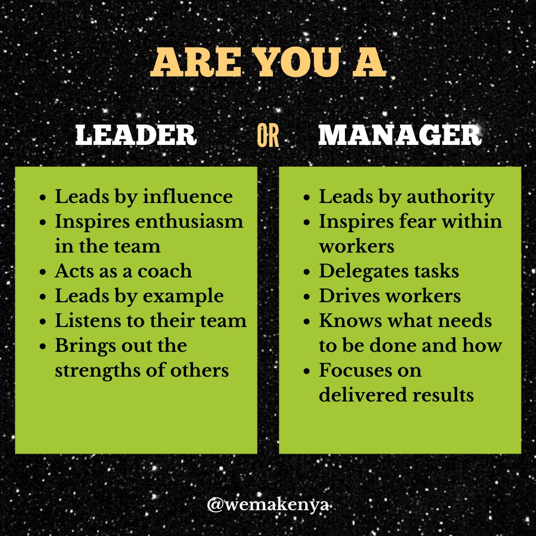 Are you a leader or a manager? 🤷
.
When you climb up the ladder and find yourself in a managers position, it does not automatically mean you lead.

#wemakenya #graduates #graduateskenya #wema #leadership #Kenya7s #jobseekerskenya