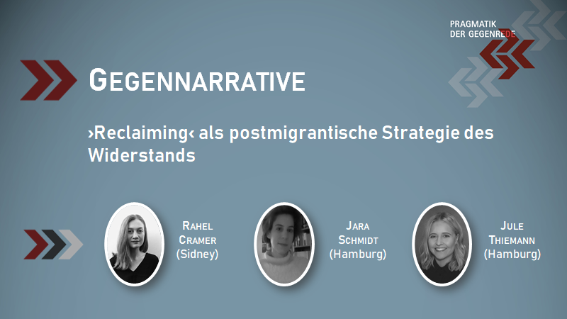 SebiZollner's tweet photo. 𝟮. 𝗩𝗼𝗿𝘁𝗿𝗮𝗴:
@RahelCramer (@Macquarie_Uni), Jara Schmidt und @ThiemannJule (@unihh) sprechen zu #Gegennarrativen und schauen sich die Praktik des #Reclaimings als postmigrantische Strategie des Widerstands an. U.a. mit Verweisen auf @kuebra und @rubenmcloop #Gegenrede21 https://t.co/ujt1t4WdLW