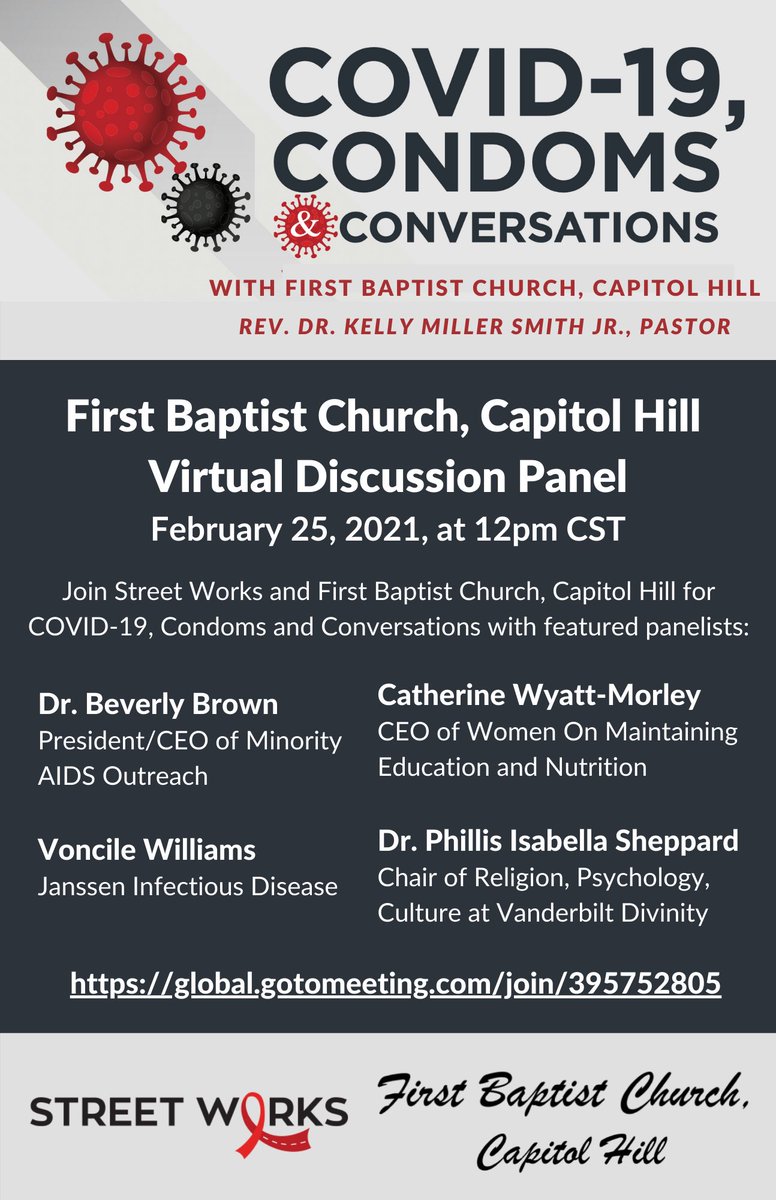 NashStreetWorks's tweet photo. We've partnered with First Baptist Church, Capitol Hill to bring you COVID-19, Condoms and Conversations. This virtual event features panelists Dr. Beverly Brown, Dr. Phillis Isabella Sheppard, Voncile Williams and @CWM_WOMEN. Join us with this link: https://t.co/xX8dayMBK6 https://t.co/tgl8h5lmWZ