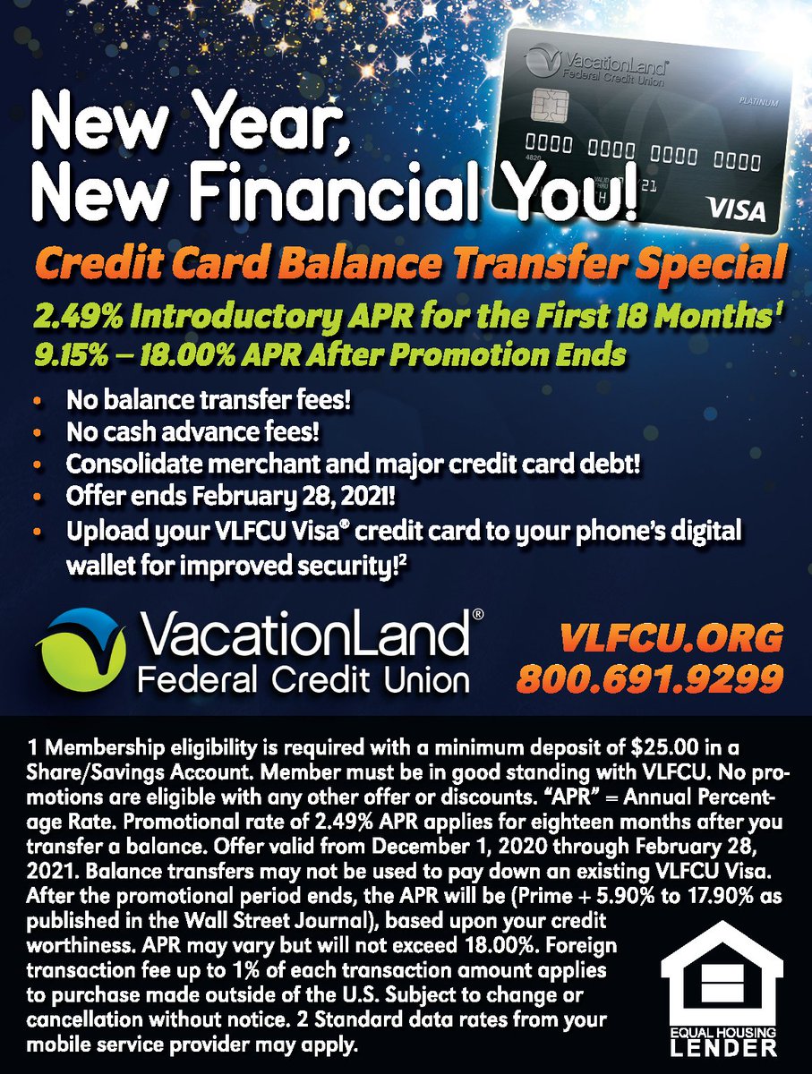 Want to take control of your finances? @VacationLandFCU credit card balance transfer special is designed to help you do just that. Low 2.49% intro APR for the first 18 months & no balance transfer or cash advance fees! Offer ends 2/28/21. Visit bit.ly/39CwxYB. #Sponsor