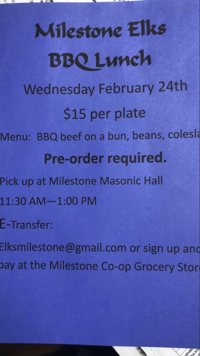 Don’t miss out on a hot lunch this Wednesday... drive thru pickup you won’t even leave your vehicle!  Order NOW!