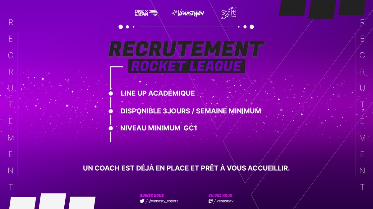 venasty_esport's tweet image. 📌 | #Recrutement #RocketLeague 

🚗 𝗡𝗼𝘂𝘀 𝘀𝗼𝗺𝗺𝗲𝘀 𝗮̀ 𝗹𝗮 𝗿𝗲𝗰𝗵𝗲𝗿𝗰𝗵𝗲 𝗱'𝘂𝗻𝗲 𝗲́𝗾𝘂𝗶𝗽𝗲 𝗥𝗼𝗰𝗸𝗲𝘁 𝗟𝗲𝗮𝗴𝘂𝗲 𝗚𝗖𝟭 𝗮𝘂 𝗺𝗶𝗻𝗶𝗺𝘂𝗺 ! 

🟣 #VenastyWin